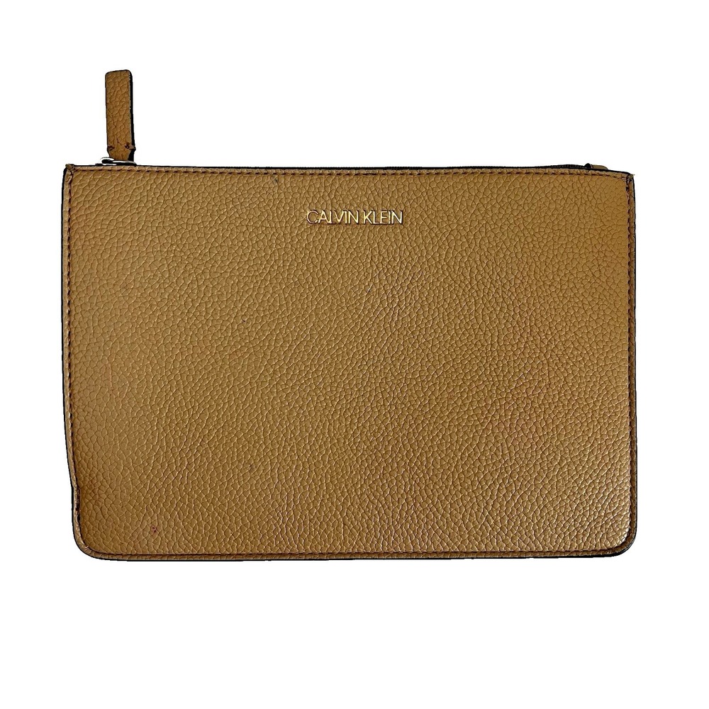 Calvin Klein Tan Faux Leather Zip Pouch Clutch Cosmetic Bag 6.5 x 9.5